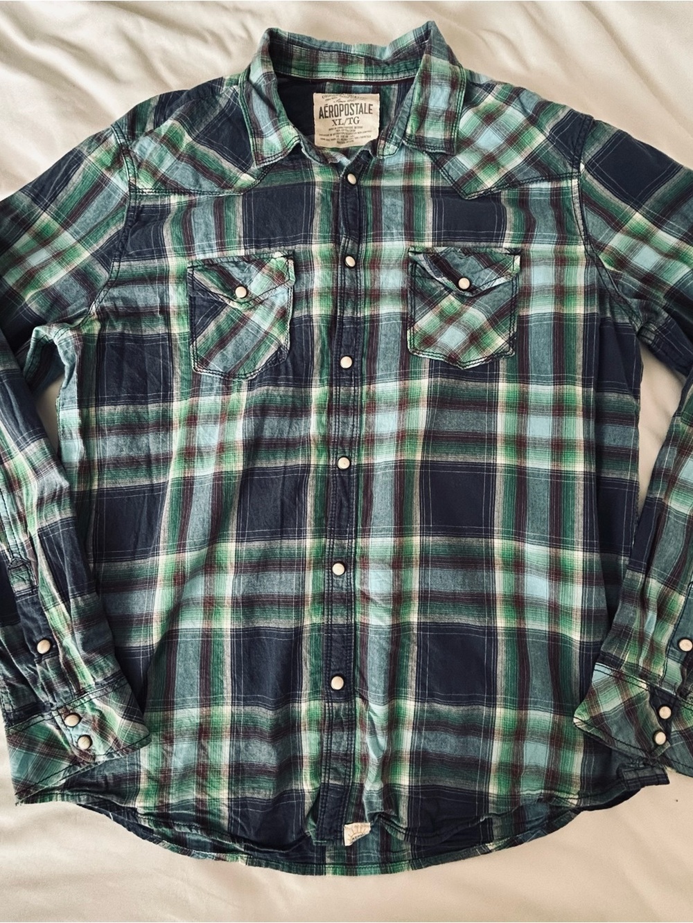 Aeropostale Men’s Navy and Green Plaid Shirt